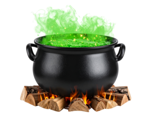 Witch’s Cauldron Bubbling with Green Toxic Potion and Smoke, Transparent Background