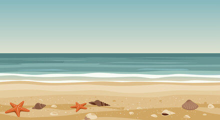 Calm beach scene with starfish and seashells along the shoreline