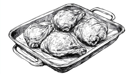 Hand-drawn ink illustration of roasted chicken legs in tray  