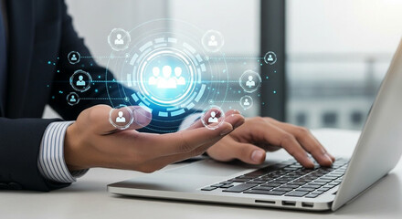 Person using laptop with futuristic digital network interface showing people connections