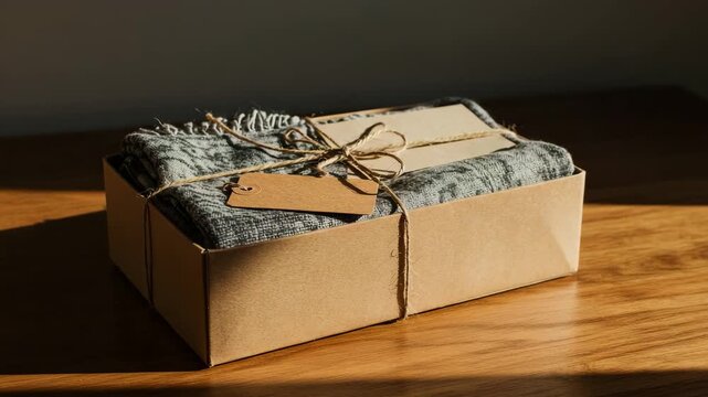 Cinematic flat lay of a second-hand parcel with vintage items inside, wrapped in kraft paper and string. Natural daylight and soft neutral tones create an aesthetic, cozy atmosphere.