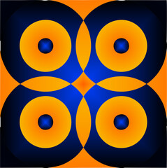 Bold abstract pattern with interlocking dark blue and orange circles and gradients, creating a dynamic and optical art background.