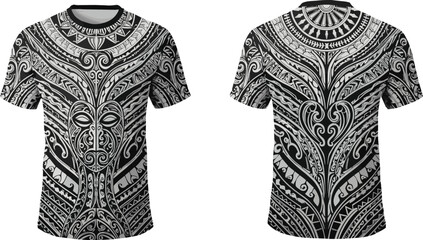 Tribal face t-shirt mockup design, Polynesian tattoo pattern, black and gray print, front and back apparel template, ethnic vector art.