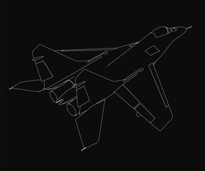 A sleek fighter jet in black and white line art stands out against a dark background. The detailed contour highlights the wingspan and tail fins. This combat aircraft illustration has a bold.