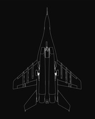 Fototapeta premium A detailed black and white fighter jet drawing stands out against a stark black background. The combat aircraft features a prominent wingspan and sharp tail fins, highlighted by clean contour lines.