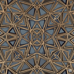 Intricate abstract seamless pattern with geometric lines and shapes in blue, brown, and gold tones, creating a complex and sophisticated design.
