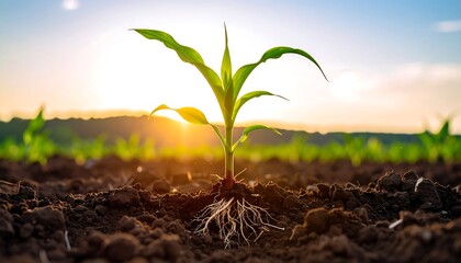 A young corn plant emerging from the soil at sunrise