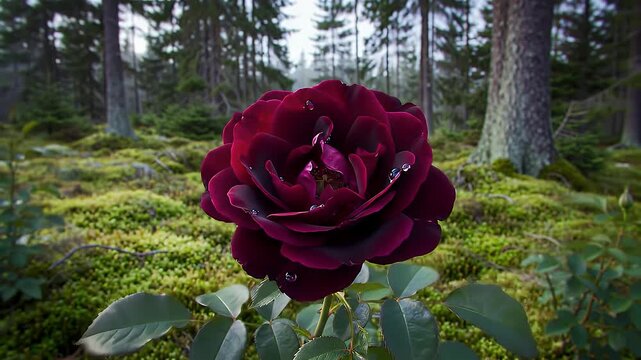 Timelapse: Black Baccara Rose Bloom in Mystical Forest