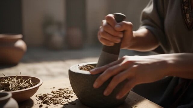 Ancient Herbalist Grinding Herbs with Mortar and Pestle in Sunlit Setting