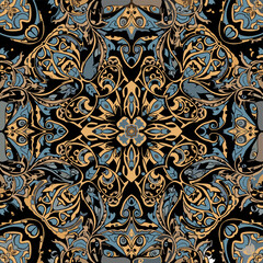 Ornate seamless pattern with intricate floral and scroll motifs in muted gold and blue tones on a dark background, evoking vintage elegance.