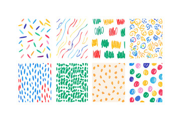 Collection of eight colorful abstract hand drawn doodle patterns on black background