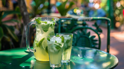Glass of delicious, tasty Nimbu Pani lemon mojito. Outdoor Cucumber Lemonade cocktail on the table.  Detox water barfly lemon mojito, lemon lime drink.