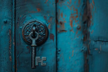 Old ornate key is hanging on a weathered blue door, hinting at secrets hidden within