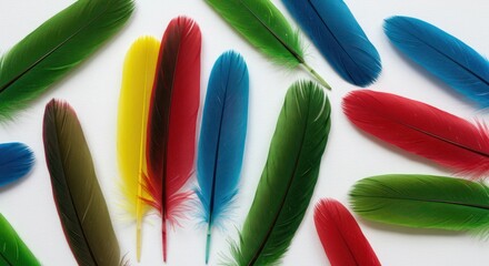 Colorful Feathers in Red Green Blue Yellow Black on White Background Artistic Design