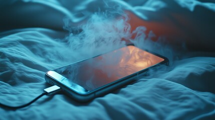 A smartphone on a bed emits smoke, suggesting it is overheating or damaged. The image highlights the potential dangers of electronic device malfunctions.