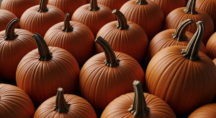 Numerous bright orange pumpkins with textured stems are closely packed