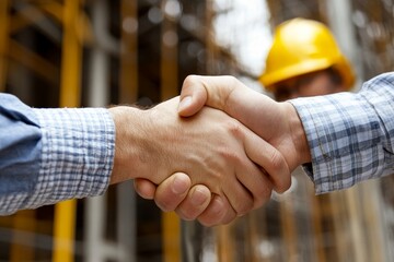 Construction company handshaking with material supplier, symbolizing a strong partnership in the building industry, Generative AI