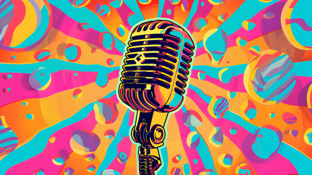 Microphone on a colorful pop art style background. Microphone stage, retro old fashion radio. Music vertical open microphone cartoon. Sound wave vector podcast abstract microphone 