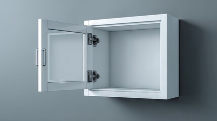 Empty white square wall cabinet with glass door.