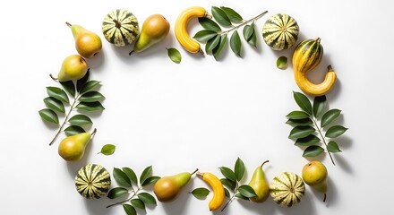 Pears and gourds arranged with leaves on a white background