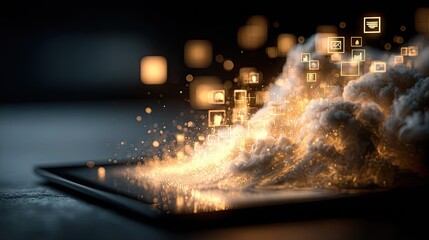 Digital cloud computing concept displayed on a tablet.