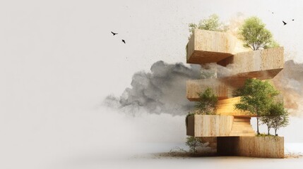 Wooden structure with tiered levels and trees.