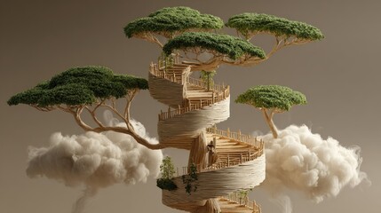 A spiral treehouse structure nestled amongst ethereal clouds.