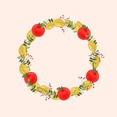 Autumn floral wreath. Frame with yellow leaves, berries, green foliage and red apples on beige background. For seasonal invitations, cards, packaging and decorative designs with autumn theme.