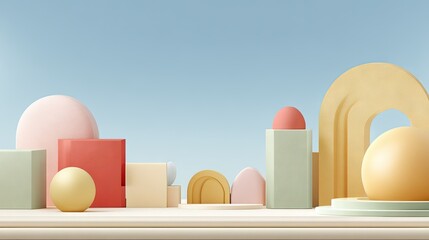 Colorful geometric shapes arranged on a light beige surface.