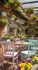 Colorful Flower Garden Patio with Hanging Baskets and Pastel Chairs in Outdoor Space