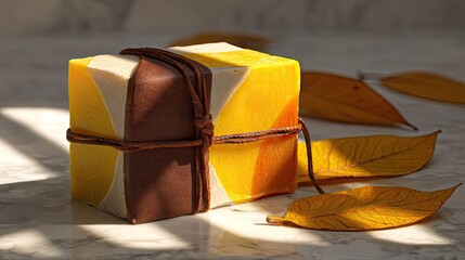 Decorative bar of soap tied with rope, featuring autumnal colors.