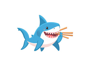 A cute blue cartoon shark with sharp teeth and an open mouth holding wooden chopsticks.