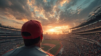 A spectator watches the sunset over a packed baseball stadium.