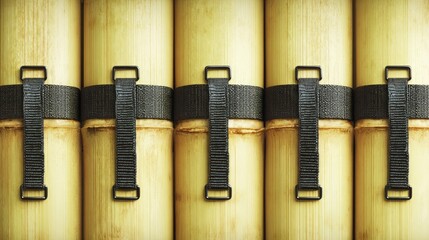 Black straps wrapped around a stack of light yellow bamboo poles.