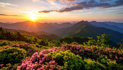 Mountain sunset with rhododendrons
