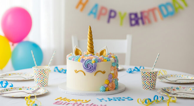 A whimsical unicorn birthday cake with colorful decorations and balloons