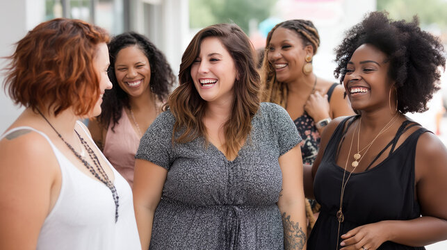 A group of plus-size women laughing together at a gathering, celebrating self-love and acceptance.