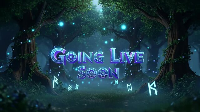 Enchanted forest stream overlay with rune stones and ethereal lights for streaming and gaming channels coming live soon