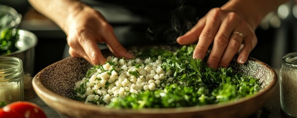 Close-up of a woman preparing ingredients for a fresh salad, emphasizing healthy eating habits, Generative AI