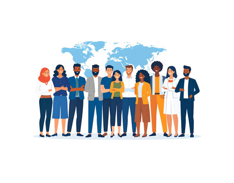 A diverse multicultural group of smiling professionals standing together as a unified team in a flat vector illustration style.