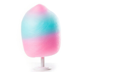 A fluffy ball of pink and blue cotton candy on a white stick, isolated on a white background