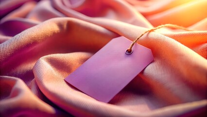 A blank tag hangs on a luxurious peach silk fabric, ready for a brand or price