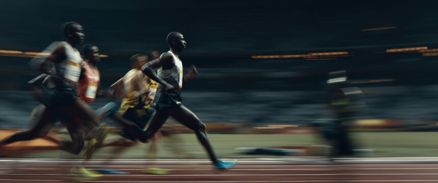 Athletes sprinting in a track race with motion blur and focused determination. Banner