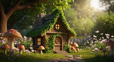 Whimsical Fairy Tale Style Miniature Wooden House Surrounded by Mushrooms and Flowers in Sunlit Garden
