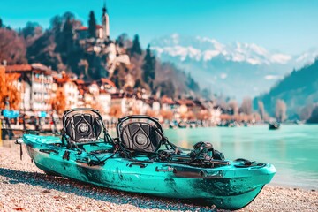Teal double kayak on a lakeside beach, picturesque town and mountains in the background