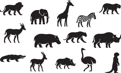 African Wildlife Silhouettes: Lion, Elephant, Giraffe, and Savannah Animal Vector Set