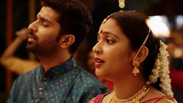 closeup of two indian devotees chanting "ganpati bappa morya" at ganesh chaturthi festival. cultural traditions, traditional hindu customs, celebration. man and woman singing. spiritual devotion