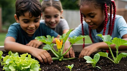 Joyful children discover gardening in a vibrant community garden setting