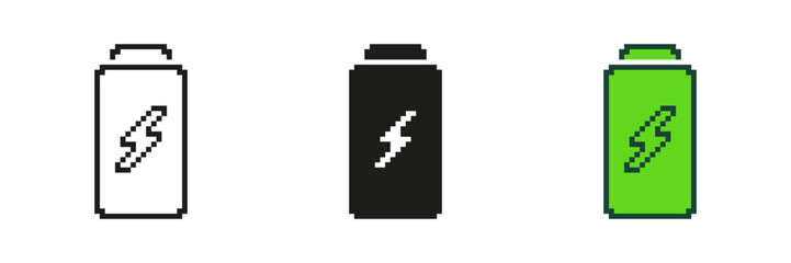 Pixel Art Battery Icon Set. Pixelated Battery with a Lightning Bolt. Isolated Vector Illustration