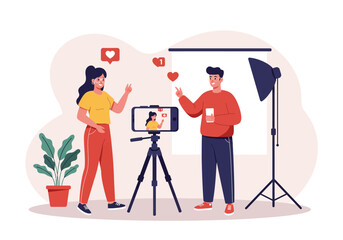 Social media content creators filming video for online platforms, Flat cartoon vector illustration